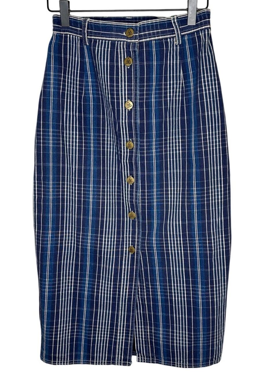 Vintage Ashleigh Morgan Plaid Midi Skirt 6 Blue White Button Down Grunge 90s EUC